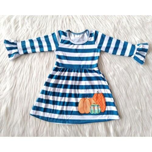 Halloween long sleeve dress with striped baby girls pumpkin printed frocks girl fall ruffle dress