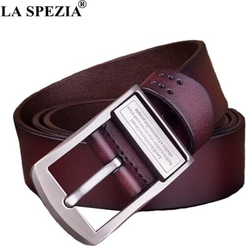 LA SPEZIA Men Belt Genuine Leather Coffee Pin Buckle Belt Male Classic Letter Brand Solid Casual Real Cow Leather Belt 130cm