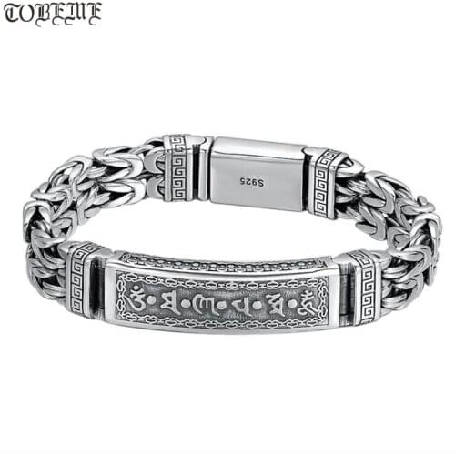 Handmade 925 Silver Tibetan Bracelet Tibetan Six Words Bracelet Vintage Sterling Silver Longevity Bracelet