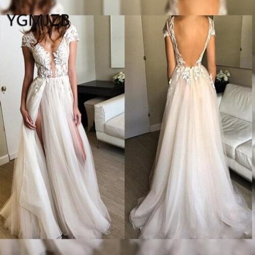 Sexy Long Evening Dresses 2019 A-Line V-neck High Side Split Appliques Lace Backless Saudi Arabia Women Formal Party Prom Gown
