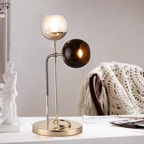 Nordic Modern Simple Lustre Gold Glass Led Metal Table Lamp Industiral Double Head Creative Art Reading Study Bedroom Desk Lamp