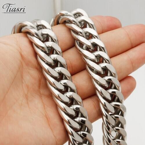Tiasri Heavy Men Necklace Mens Chain Cuban Link Chain Collar Choker Silver Color Stainless Steel Jewelry Accessories Punk 18mm