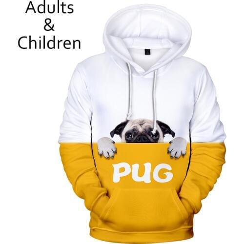 Cute Pug 3D Hoodies Men Women Sweatshirts Harajuku Kids Hoodie pullovers Print 3D Pug Hooded Autumn boys girls yellow+white Tops