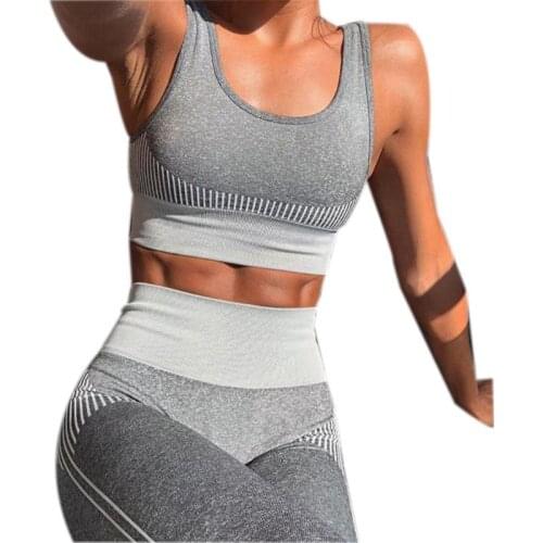 Womens 2 Piece Seamless Workout Set Striped Sports Crop Top Leggings Pants Fitness Running Knitted Padded Activewear Tracksuit