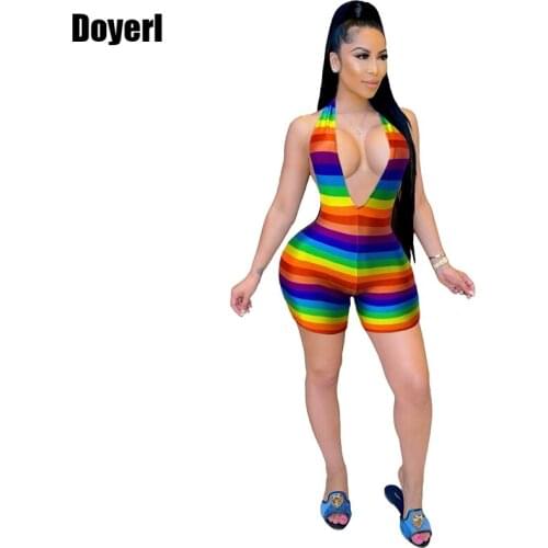 Rainbow Print Backless Sexy Bodycon Rompers Womens Jumpsuit Shorts Summer Clothing One Piece Club Outfits for Women Overalls