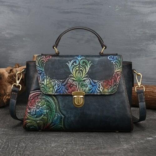 2021 Summer Flower Female Genuine Leather Luxury Handbag Retro Handmade Women Embossed Floral Shoulder Messenger Bags Sac A Main