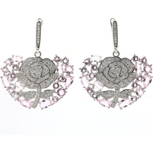 66x30mm Long Big Heavy 21.4g Created Pink Kunzite CZ Womans Wedding Silver Earrings