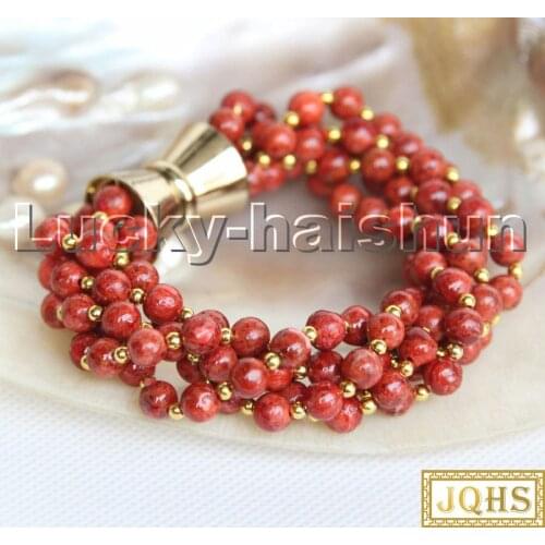 Natural 8" 5row Baroque round red sponge coral beads bracelet magnet clasp c188