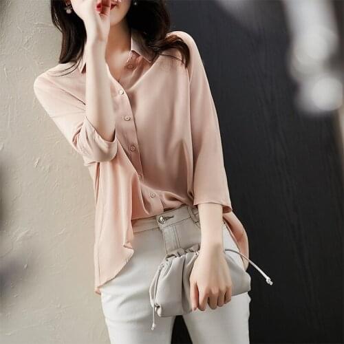 Color satin Pure shirt womens design minority Korean loose V-neck thin top autumn long sleeve shirt
