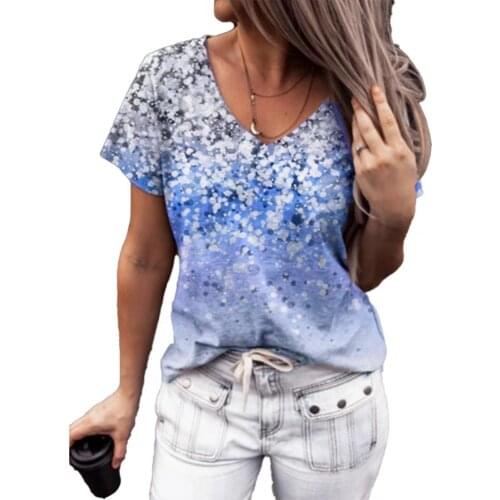 Plus Size Casual T-shirt Vintage Gradient Digital Printing Short Sleeve Women Fashion V Neck Loose T-shirt Party Top Tees