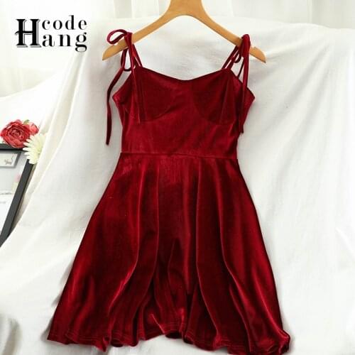 HangCode Early Autumn Dress 2021 Ins Fashion Golden Velvet High Waist Spaghetti Straps Mini Dress Women Red Black Party Dress