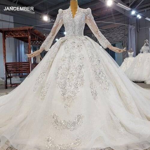 HTL2176 Luxury Elegant Long Sleeve Wedding Dress Bridal Wedding 2021 Silver Shiny Flowers Print Pearl Lace Vestido De Noiva