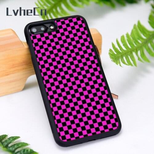 LvheCn Silicone Phone Case Cover for iPhone 6 6S 7 8 Plus X XS XR 11 12 Mini Pro Max Magenta Checkered Checker Board Pattern