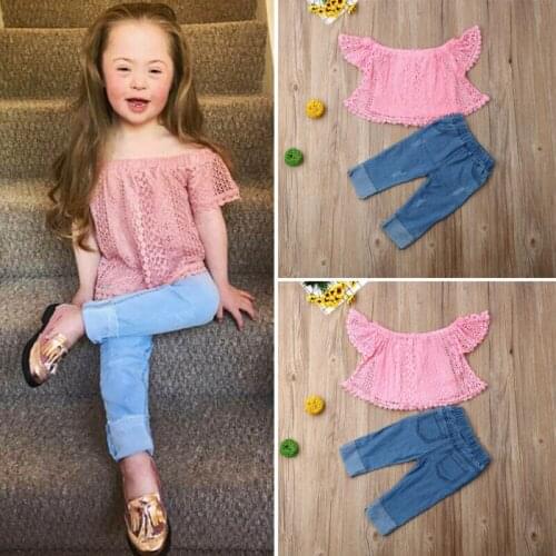 Newborn Fashion Pink Solid T-Shirt Outfits-Set Toddler Girl Baby Off-Shoulder Lace Tops and Denim Jean Outfit 2pcs Kids