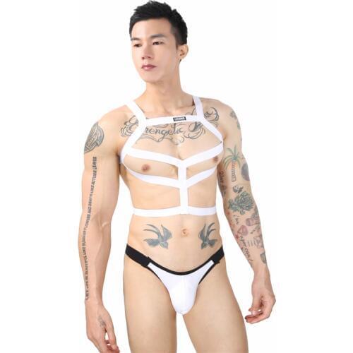 Mens Lingerie Bondage Costume Halter Neck Body Chest Night Performance Costume Harness Elastic Hollow Out Backless G-String
