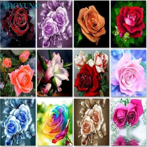 SDOYUNO Oil Paint By Numbers Kits Rose Painting By Numbers On Canvas Frameless 60x75cm Scenery Draw Painting DIY Home Decor