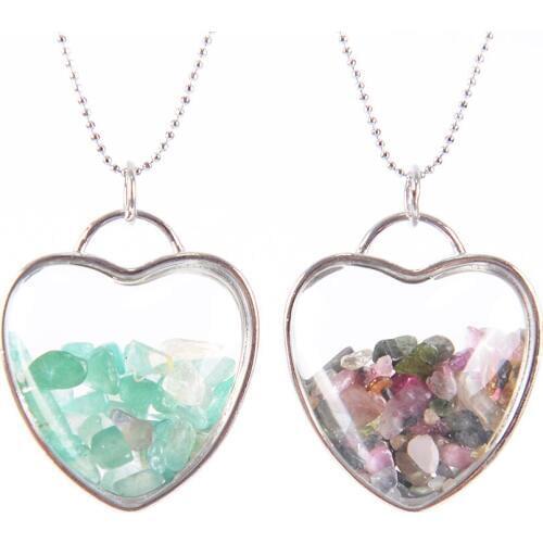 Natural Fluorite Crystal Stone Beads Chip Clear Glass Bottle Charms The Shape Of Heart Pendant Necklace Jewelry D885-D891