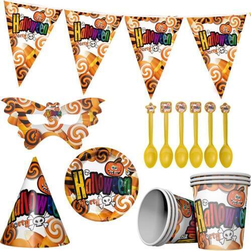 Halloween Party Disposable Tableware Pumpkin Head Skull Pattern Rainbow Halloween Decor Birthday Party Tableware Supplies xx47