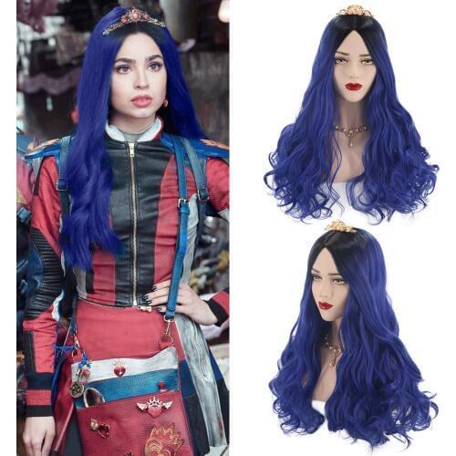 Movie Descendants 3 Evie Anime Cosplay Wig Halloween Carnival Party For Adult Dark Blue Ombre Black Long Wavy Wig 65cm + Wig Cap
