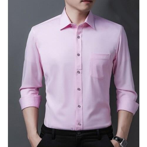 Pink Shirts Men 2021 New Casual Long Sleeve Satin Mens Shirt Slim Business Work Camisas Non Iron Solid Chemise Homme 26+Colors