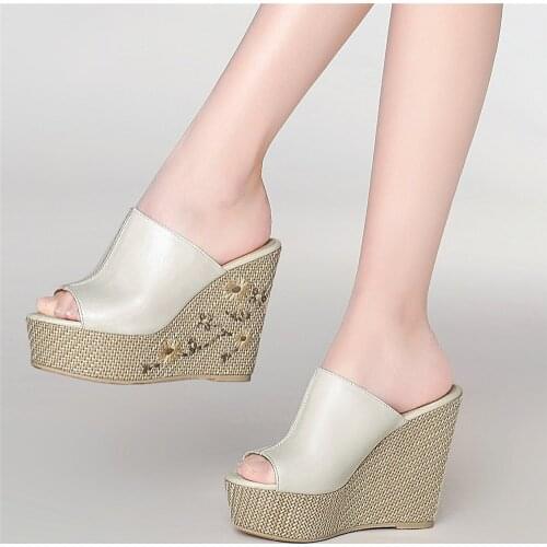 Wedges Slippers Women Genuine Leather High Heel Roman Gladiator Sandals Female Summer Open Toe Platform Pumps Shoes Casual Shoes