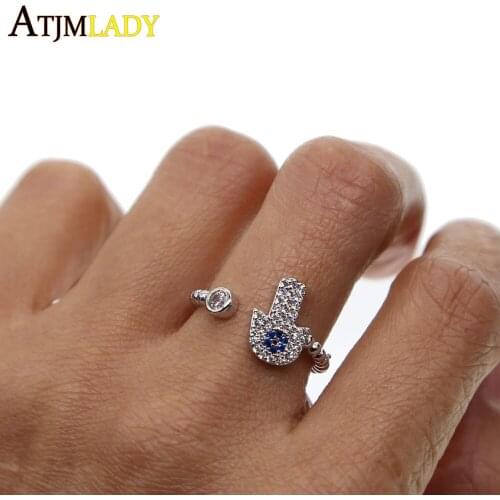 Silver color micro pave evil eye Hand Palm Eye CZ open adjust sized fashion turkish jewelry Top Quality Luxury women ring