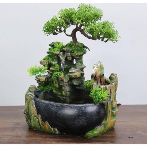 Creative Indoor Simulation Rockery Greenery Tree Feng Shui Waterfall Fountain Home Office Desktop Spray Humidifier Decoration