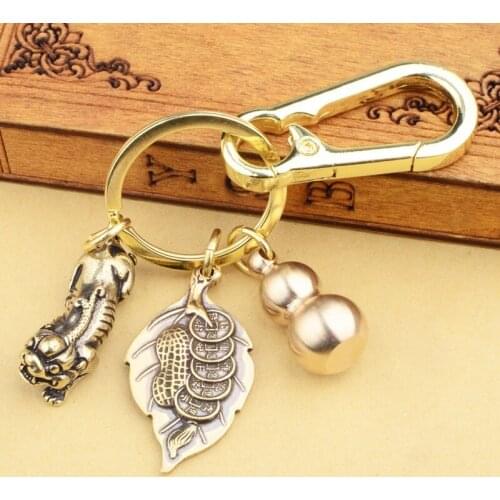 Fortune Chinese Feng Shui Antique Coins Keyring Good Fortune Solid Gourd Keychain Wealth Success Jewelry