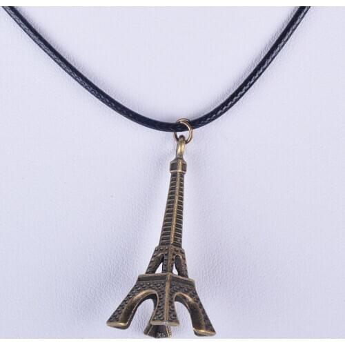 15*14*38MM Vintage antique bronze Eiffel Tower pendant necklace women choker wax cord rope necklace jewelry fashion jewellery