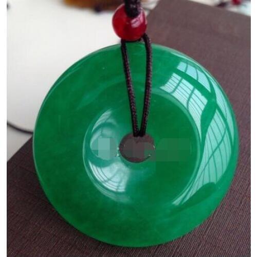 Fine Jewelry Natural Green Jade 25mm Chinese Round Buckle Harmony Amulet Lucky Jade Pendant + Free Rope Necklace