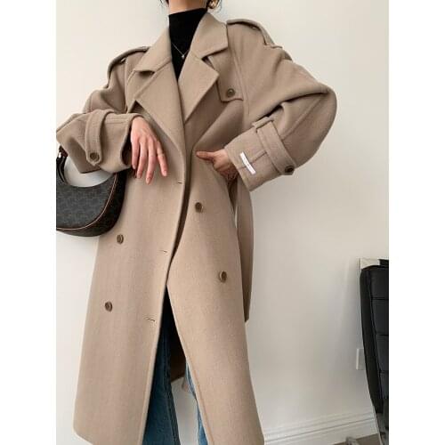 Suit collar double-breasted epaulette windbreaker high count double-sided cashmere coat woolen coat female 21 new