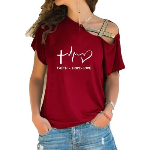 Faith Hope Love Christian Print Funny Teeshirt Women Short sleeve Summer Clothes Loose Irregular Skew Cross Bandage Tops Tee