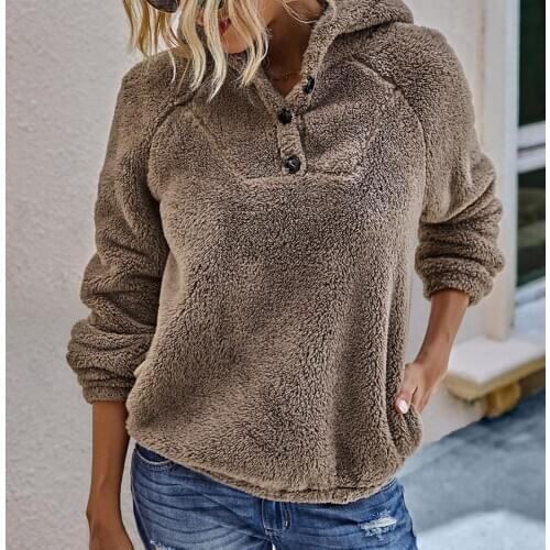 Women Casual Warm Plush Solid Color Long Sleeve Hooded Sweatshirt Hoodie Blouse