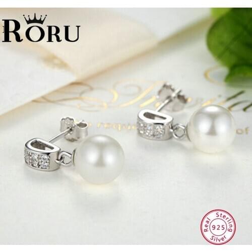 Ladies Elegant White Pearl Earrings 925 Sterling Silver Crystal Zircon Korean Drop Earrings