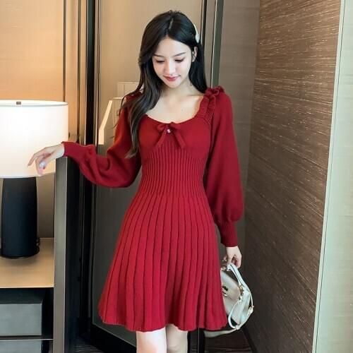 Casual women knitted dress Autumn winter long sleeve female dress Office lady stitching sweater dress