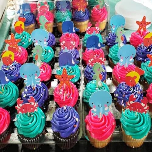 24pcs Ocean Sea Animal cake Toppers Seahorse Starfish Fish Cake Flags Under the Sea Mermaid Theme Birthday Party Cake Decoration