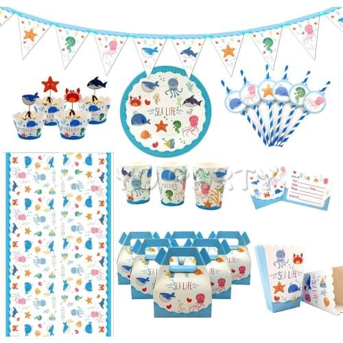 82 Pcs For 10 Kids Sea Life Marine Animals Theme Birthday Party Supplies Tableware Set Plate Straw Glass Candy Box Invitation