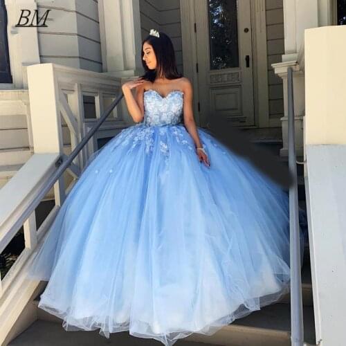 2021 Ball Gown Sweet 16 Prom Dresses Sweetheart 3D-Applique Sky Blue Tulle Quinceanera Dresses Long Party Vestido 15 Anos BM732