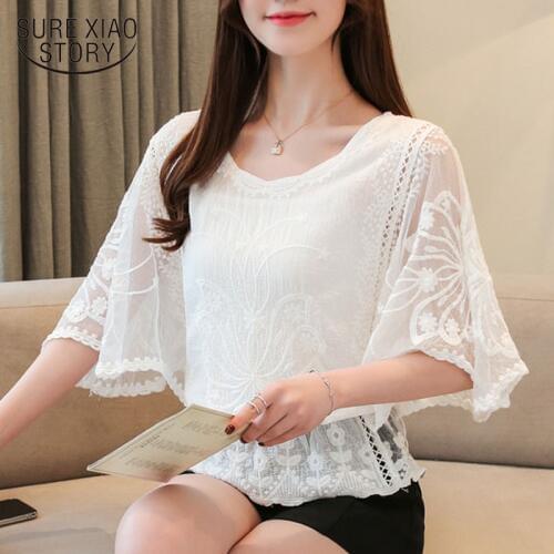 New Summer Cotton Edge Lace Blouses Butterfly Flowe Women tops Blue Pink White Solid Short Sleeve Chiffon Women Blouse 4073 50