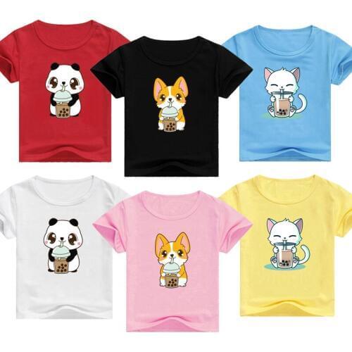 Children The Cute Cartoon Corgi Panda Cat Drink Milk Tea Print T Shirt Boys Girls Tee Tops Casual Summer Funny Design T-Shirt