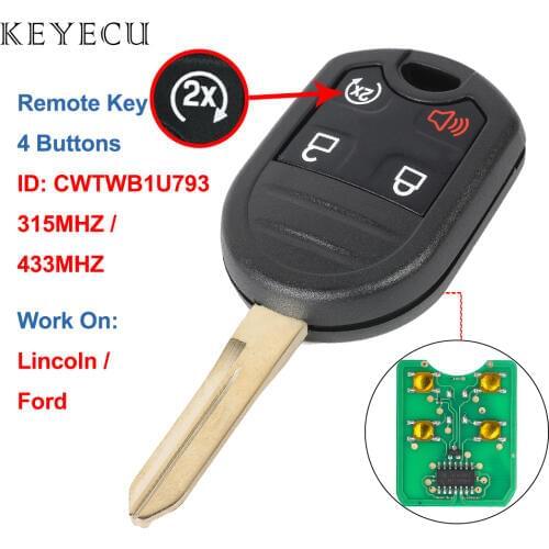 Keyecu 4 Buttons Remote Car Key Fob 315MHZ/ 433MHZ for Ford Explorer F150 250 350 for Lincoln Mark LT Navigator