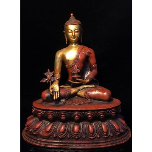11"Chinese Folk Collection Old Bronze Gilt Real gold Medicine Buddha Sakyamuni Lotus Terrace Sitting Buddha Ornaments Town House