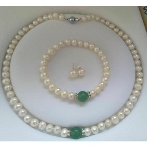8-9mm White Cultured Pearl &Green Emerald Bracelet Necklace Earrings set