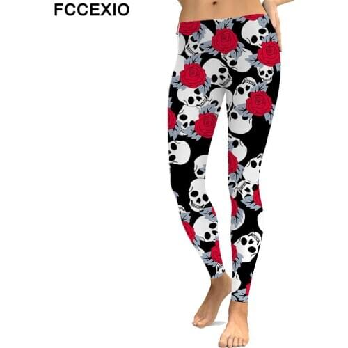 FCCEXIO Rose Skull Head Pattern Leggings Women 3D Printed Workout Leggins Slim Elastic Pants Female Plus Size Fitness Trousers