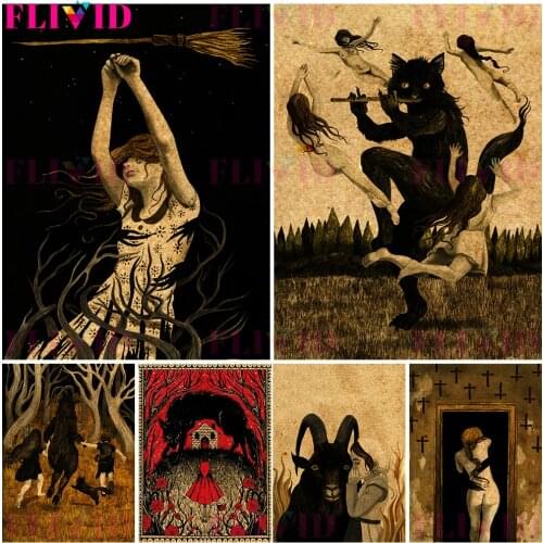 Witches And Magic Brooms Wall Art Canvas Painting The Sheep Of The Witchs Sabbath Baphomet Poster Print For Living Room Decor