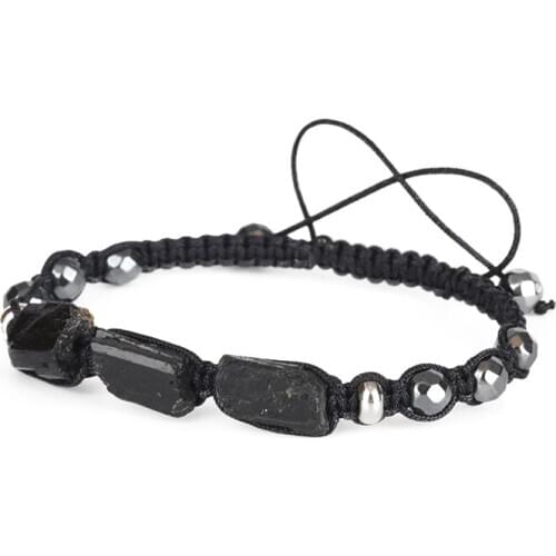 Natural Faceted Hematite Rough Black Tourmaline Healing Stone Bead Nylon Rope Adjustable Macrame Energy Bracelet For Male Female