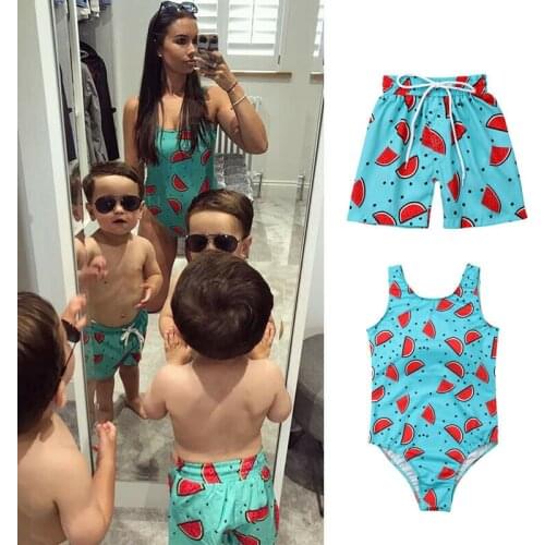 2019 New Family Matching Mom Boy Swimwear Women One Piece Swimsuit Watermelon Print Bikini Kids Boy Swim Trunks Shorts Beachwear