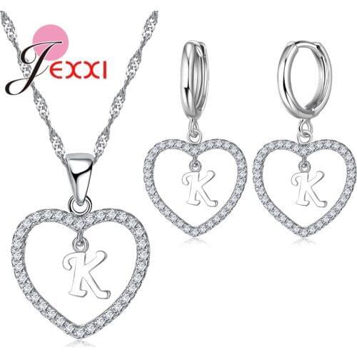 New Stylish Women Girls Birthday Gifts Fine 925 Sterling Silver Letter Necklace Earrings Sets Female Heart Bijoux