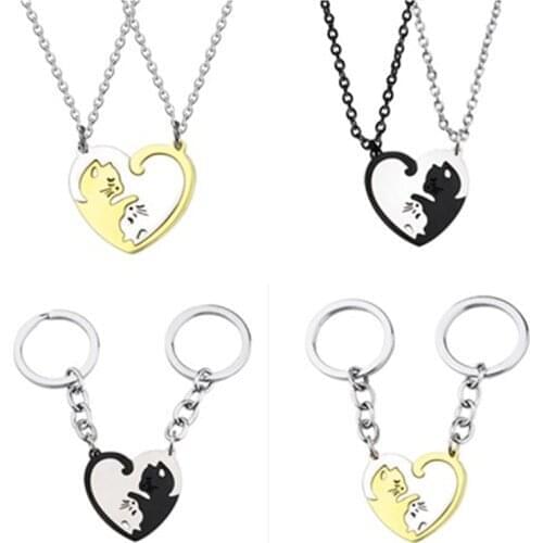 2pcs/set Yin Yang Tai Chi Cats Pendant Necklaces Round Heart Necklace Friendship BF Lovers Couple Birthday Gift Friend Keychain