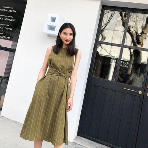 Women Elegant korean office lady dresses Sleeveless with belt Fashion Stripe Vestido Casual Slim Basic Work Ladies Dresses